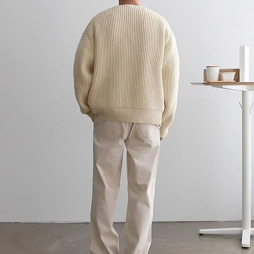 Mens collarless knitted sweater jacket with zipper pocket autumn 241206