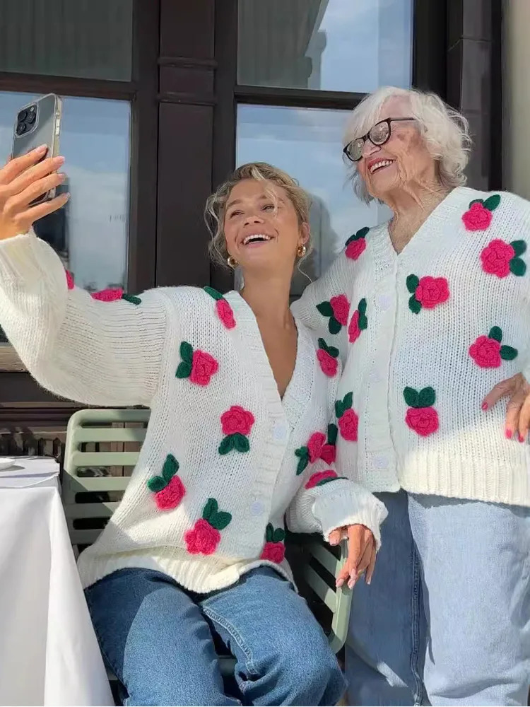 Mozision Rose Floral Knit Sweater Cardigans Women Autumn Winter V Neck Long Sleeve Singlebreasted Warm Knitted Sweaters 241203