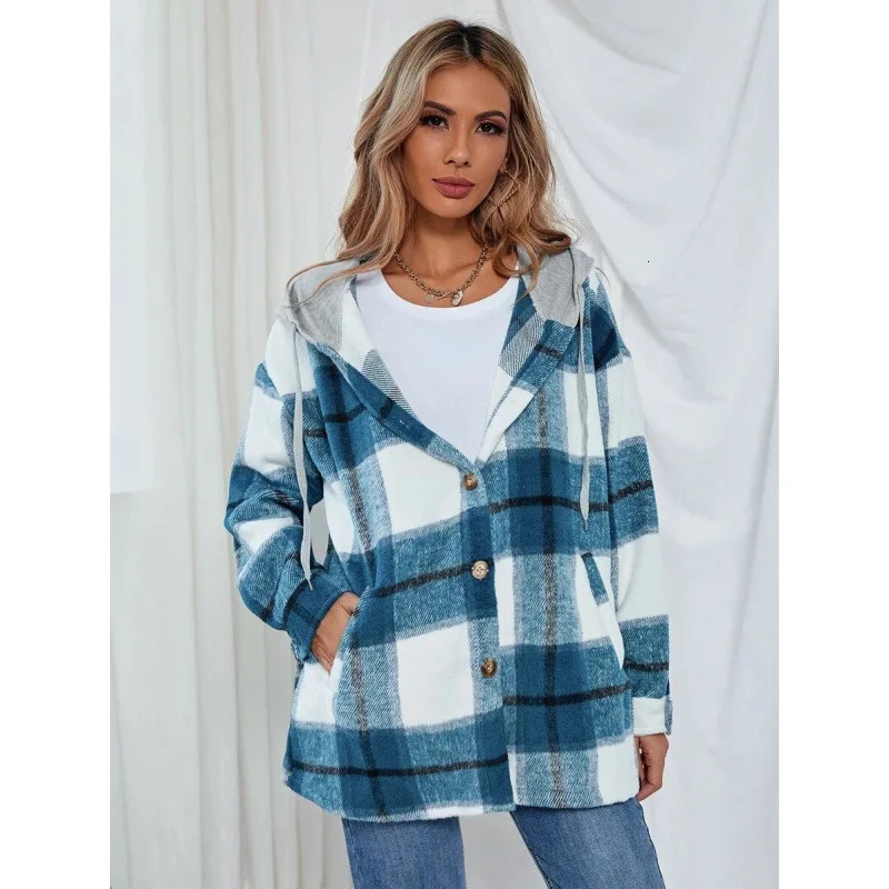 Cross Border Independent Station Flannel Plaid Hooded Woolen Coat for Women 241202
