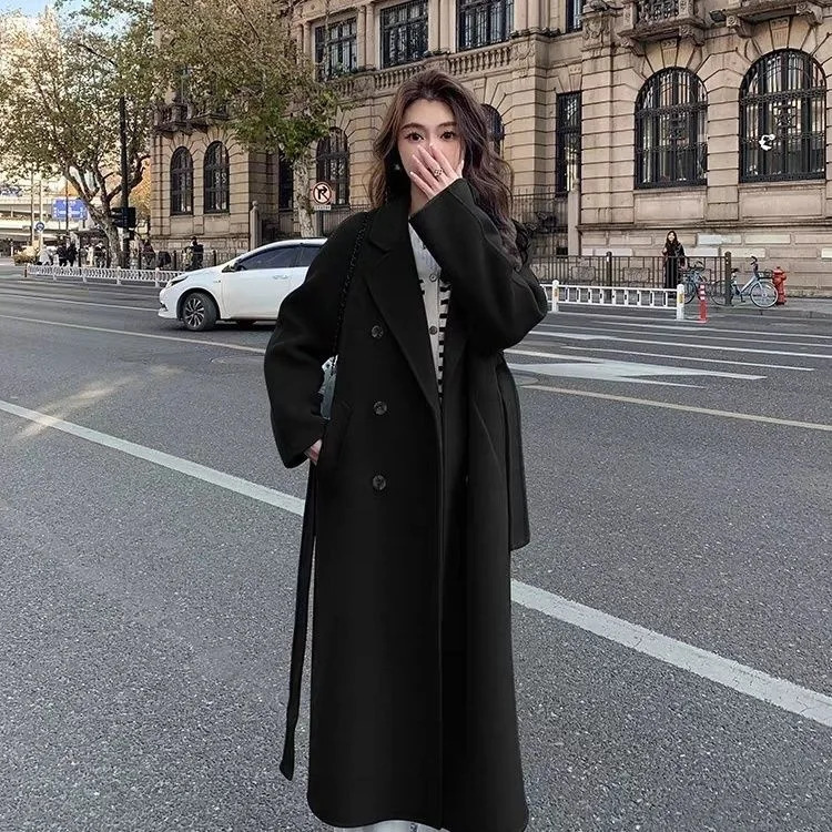 Lace UP Long Coat Women 2024 Spring Faux Woolen Full Sleeve Female Midi Jacket Fashion Single Breasted Loose Causal Lady Coats 241202