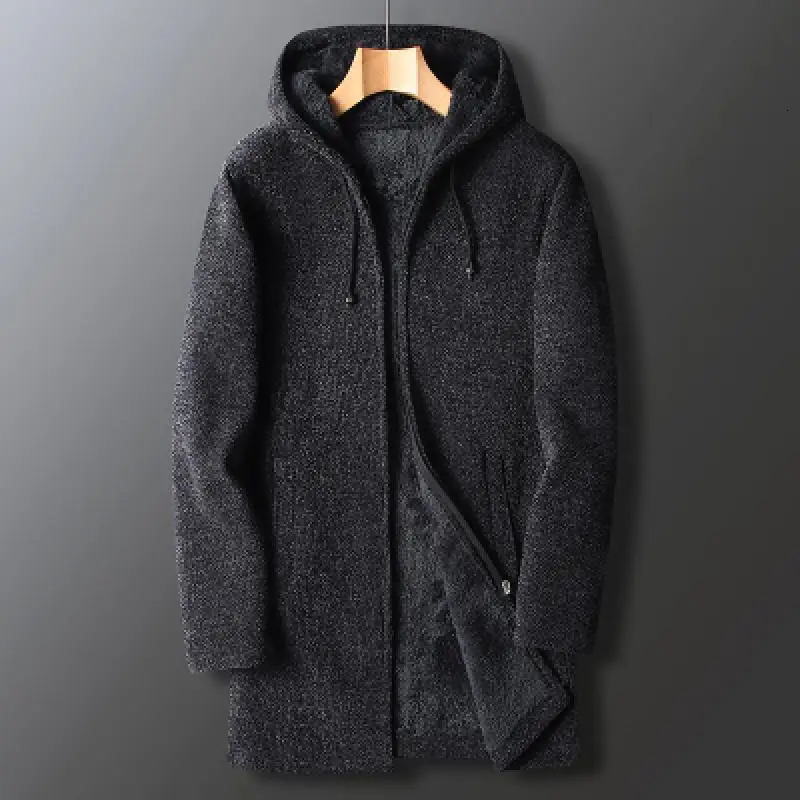 Winter mens sweater wool cardigan ultrathin winter long hooded thick coat clothing 241206