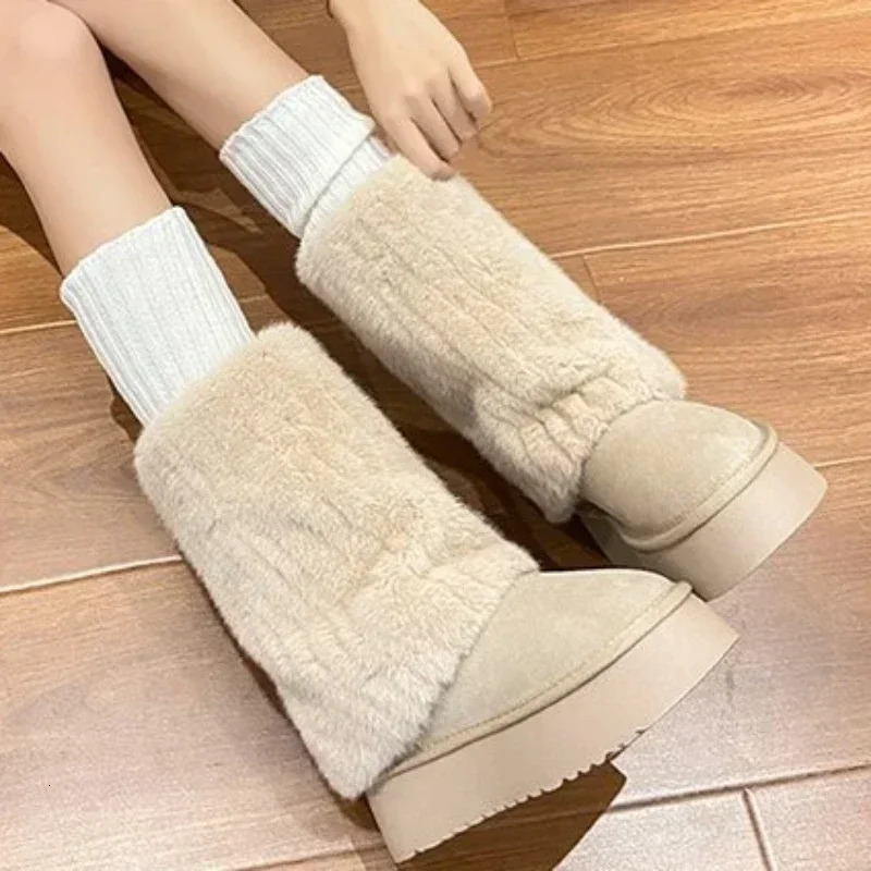 2023 Womens Skating Boots Winter Round Toes Solid Wood Plush Warm Middle Heel Waterproof Casual Snow 241206