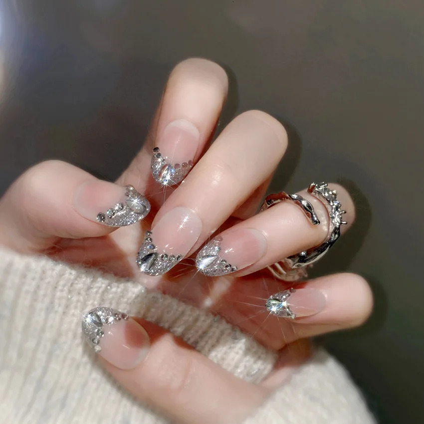 10Pcs Purely handmade high-end short style sparkling fake nails silver water drop diamond style 241206