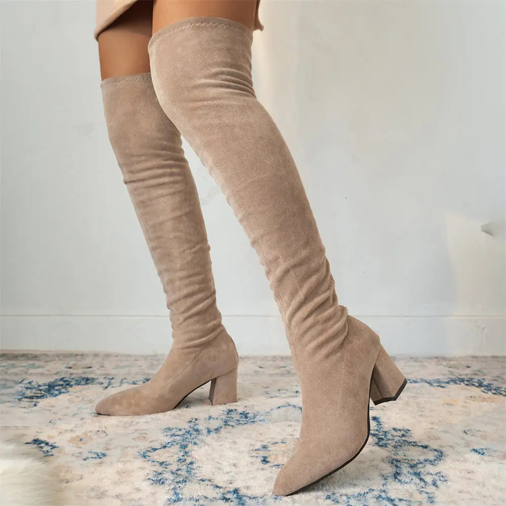 classic sexy womens over the knee boots elegant Block high heels elastic and stretchy party size 42 241206