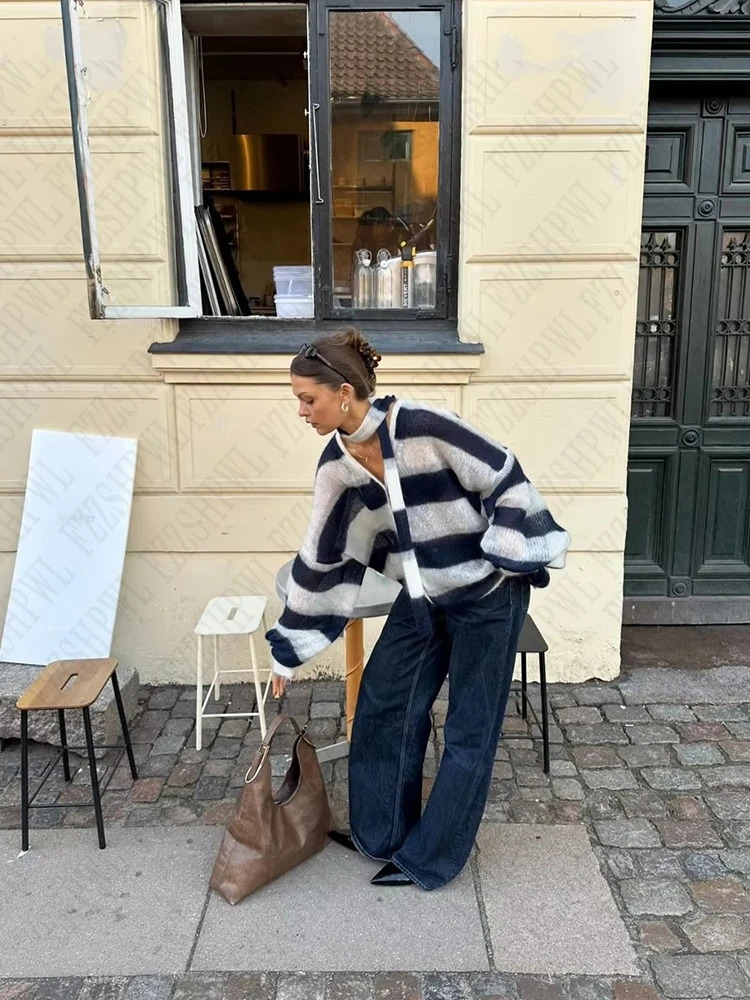 Y2K Harajuku Aesthetic Womens Autumn Winter Striped Knitted Sweater Casual Loose Fashion Open cardigan Pullover 2024 Streetwear 241206