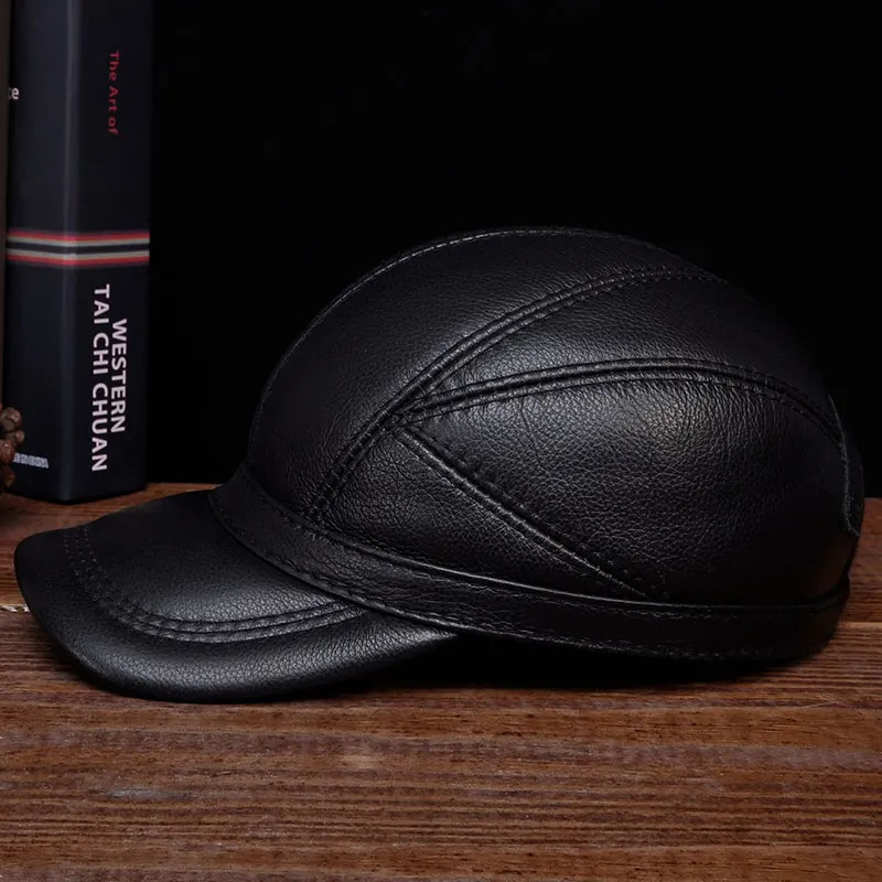 HL030 Mens Genuine Leather Baseball Hat Cowboy Leather Warm Hat 241206