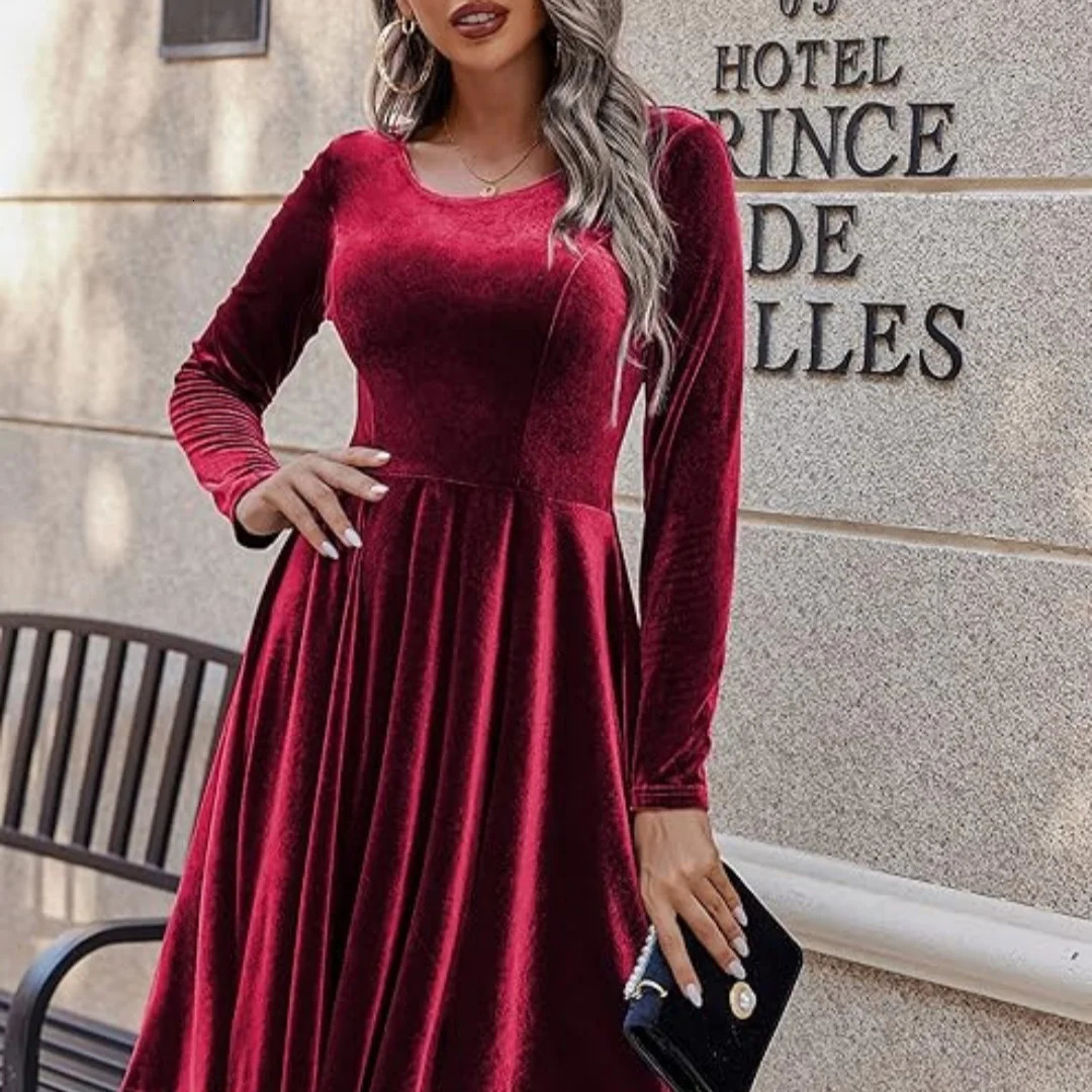 Christmas Party Basic Velvet Midi Dress A-Line Round Neck Long Sleeve Elegant Dress Fashion Womens Dress Holiday Dress 241205
