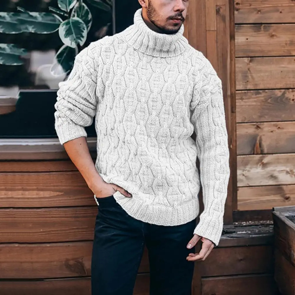Winter Warm Thick Wool Sweater Mens Casual Knitted Turtle Neck Parachute Top Mens Fashion Solid Long Sleeve Ribbon Sweater 241205