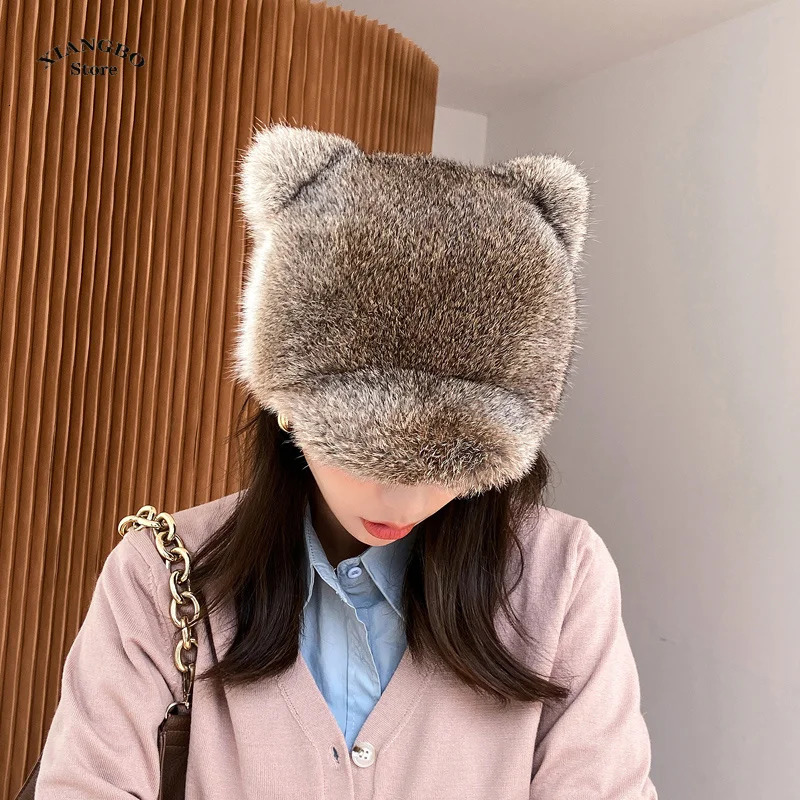 100% genuine rabbit fur hat for women Russian Uzanka pilot hunter snow skiing hat earmuffs winter rabbit fur bomber hat 241206