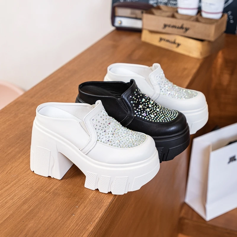 AIYUQI Women's Slipper Genuine Leather Summer Women's Slippers Rhindiamonds 11cm High Toe Closed Slippers Women