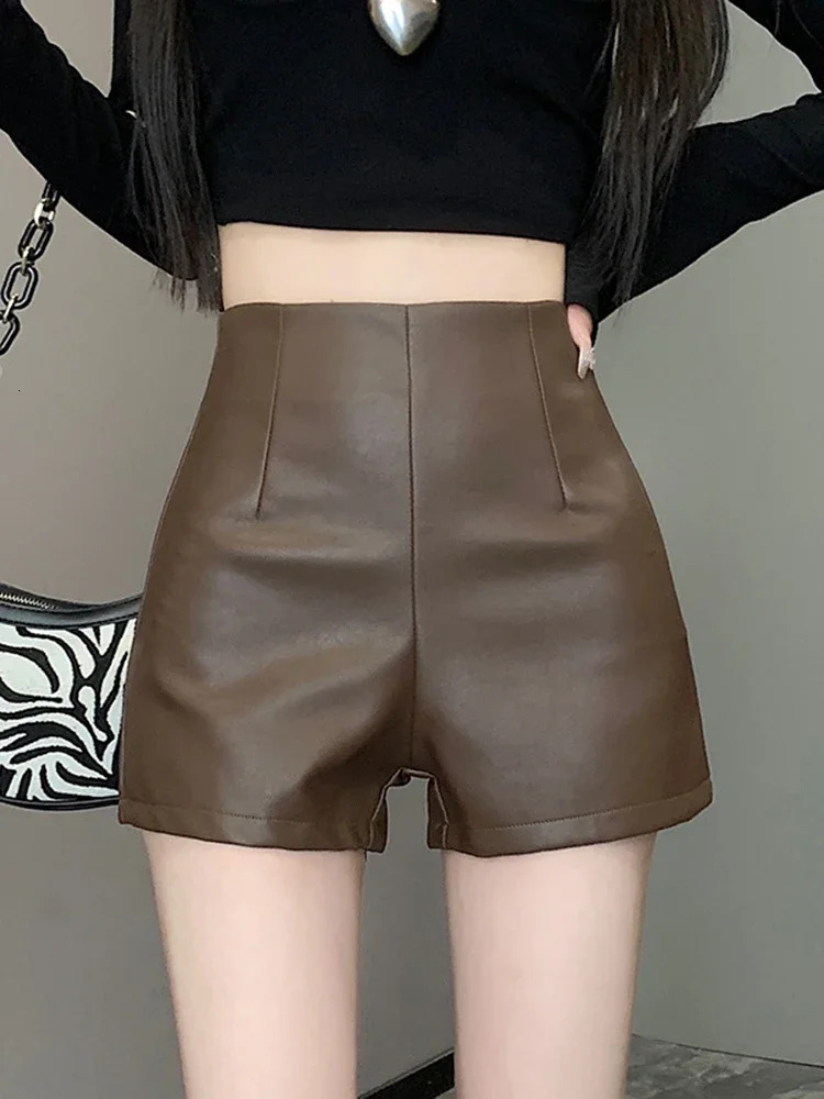 Womens autumn slim fit A-line shorts womens PU leather casual shorts womens high waisted solid shorts L532 241206