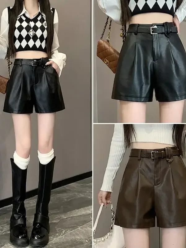 Womens Autumn High Waist PU Leather Shorts Womens Casual Wide Leg Shorts Womens Solid Color Shorts L535 241206