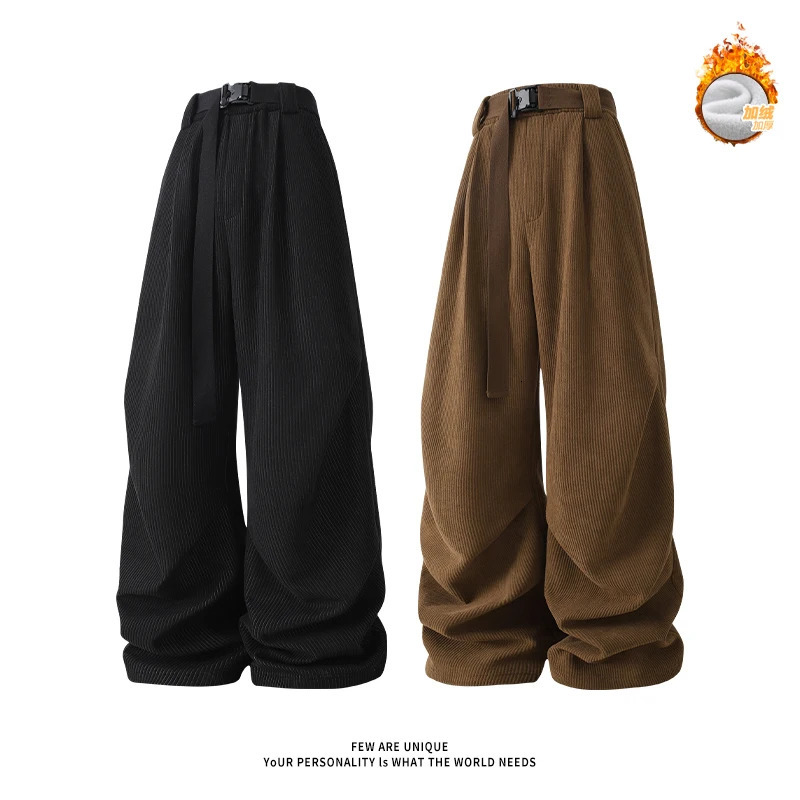 Winter mens wide leg straight sports pants Korean fashion warm wool track casual long strap 241206