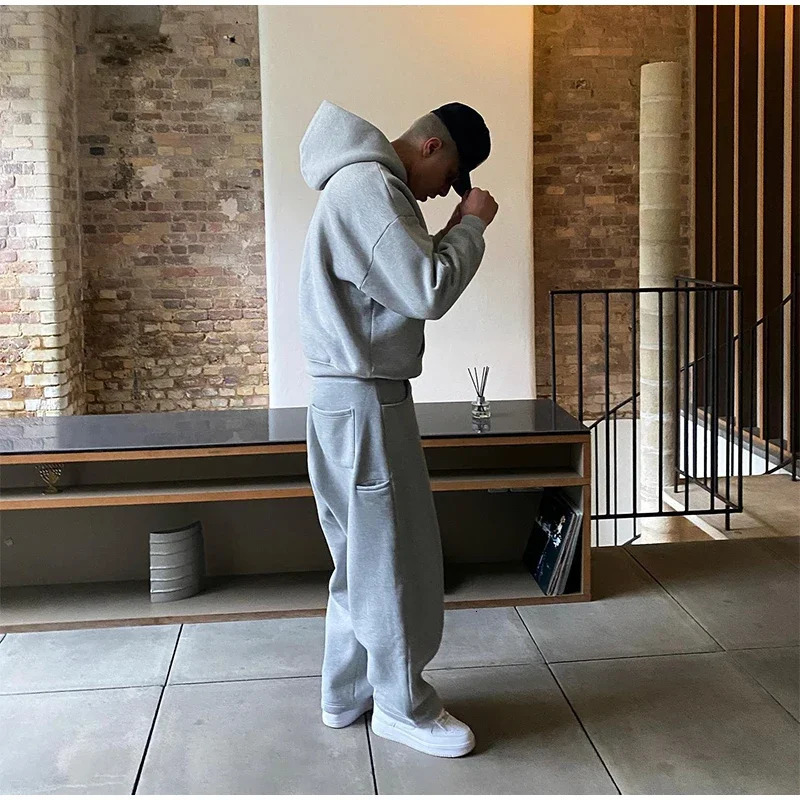 American retro simple sportswear mens fashion solid color pocket hoodie and loose elastic waist sports pants two-piece set 241205