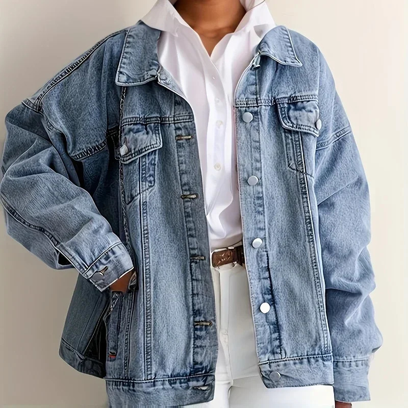 Retro denim shirt jacket casual loose womens jeans clothing 241206