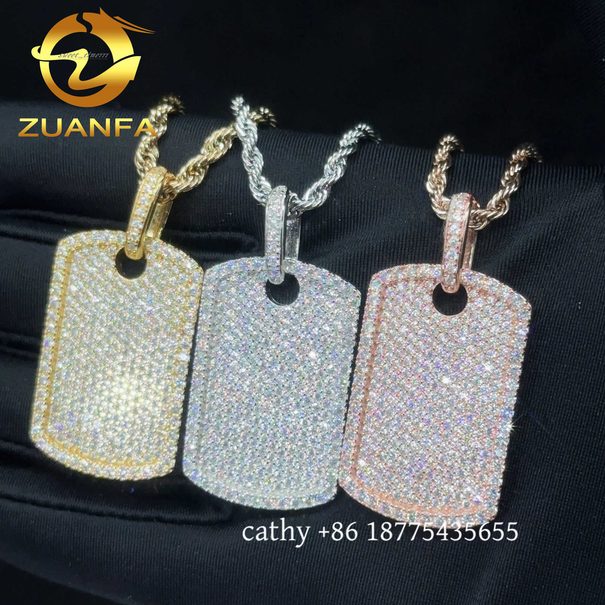 Ready to Ship Moissanite Hip hop Jewelry tag iced out pendant Sterling Silver 925 Moissanite dog tag Pendant with rope chain