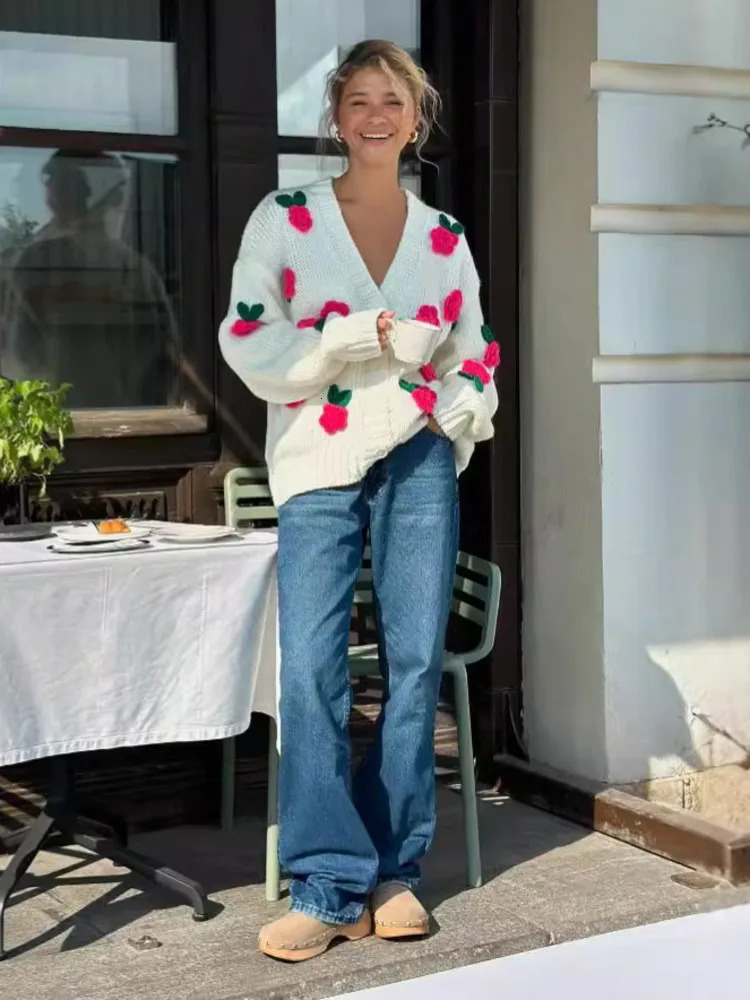 Mozision Rose Floral Knit Sweater Cardigans Women Autumn Winter V Neck Long Sleeve Singlebreasted Warm Knitted Sweaters 241203