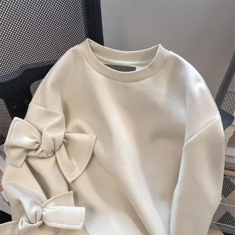 French Small Fragrance Sweatshirts Bow Solid Color O Neck Long Sleeve Casual Loose Hoodies Autumn Harajuku Y2k Womens Clothing 241203