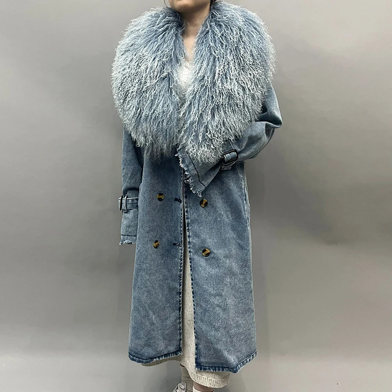 Womens Fashion Mongolian Fur Collar Denim Jacket Spring and Autumn Long Trench Coat with Detachable 241206