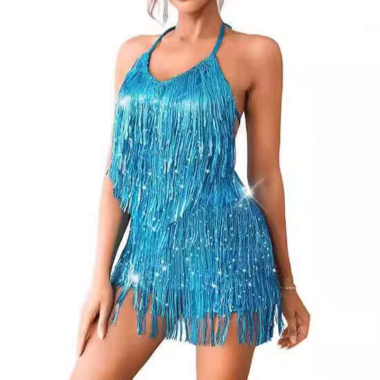 European and American solid color sequin suspender tail party short skirt tassel dress 2024 temperament versatile new trend clothing ins