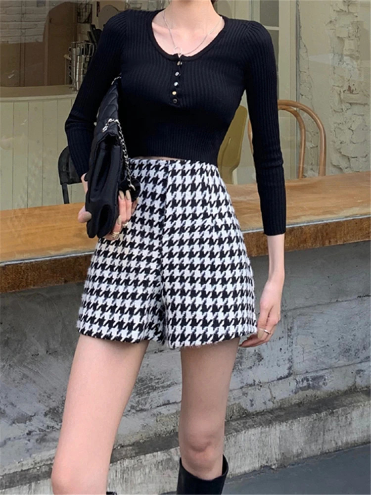 Colorfaith Wide Leg High Waist Fashion Wool Coarse Floral plaid Womens Spring Winter Womens Shorts Mens P1257 241206