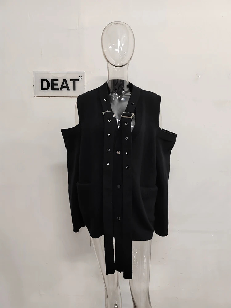 DEAT Fashion Womens Knitted Cardigan Shoulder Hollow Out Pockets Elastic Ribbon Decorate Loose Coat Autumn 7AB1714 241203