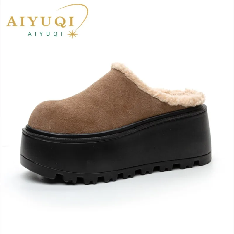 AIYUQI Women Winter Slippers Genuine Leather Closed Toe Slippers Women Platform High Heels Wear One Foot Slippers Women