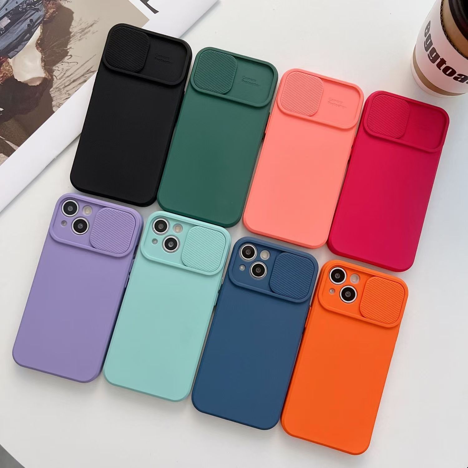 Sliding camera lens protection phone case for iPhone 11 12 13 14 15 Pro Max 14Plus, soft liquid silicone shock resistant protective cover