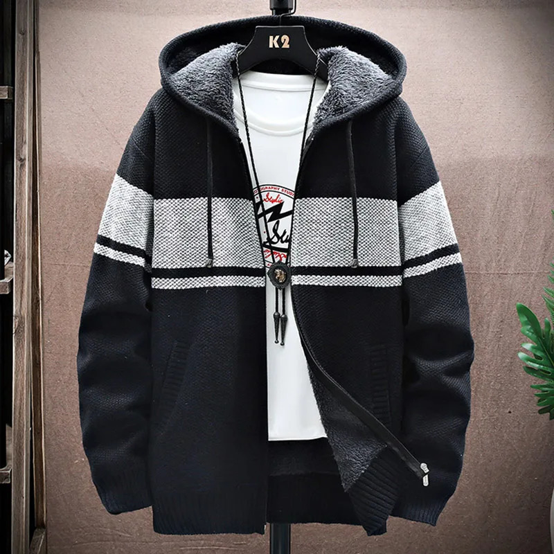 2023 Autumn Korean Hoodie Mens Sweater Thick Velvet Open Knitted Striped Jacket M4XL MY03 241206