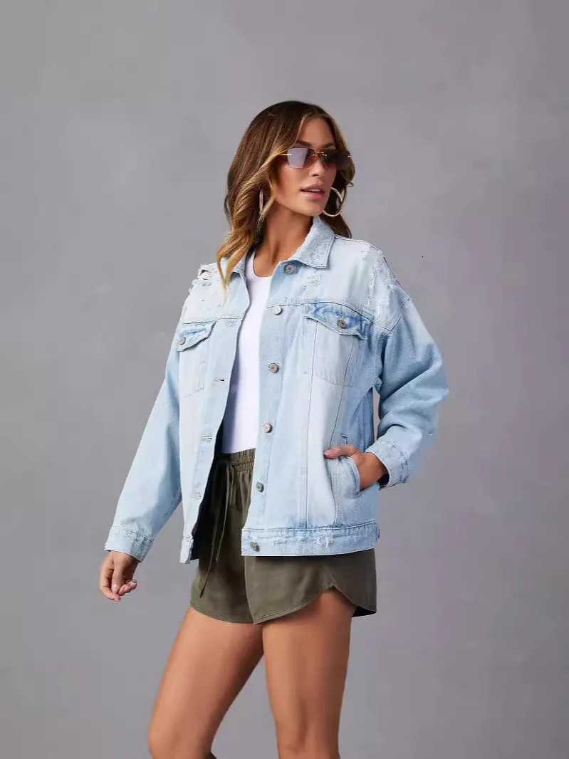 Daily Vintage Womens Denim Jacket Fashion All match Cut Jeans Coat Aesthetic Solid Street Clothing 241206
