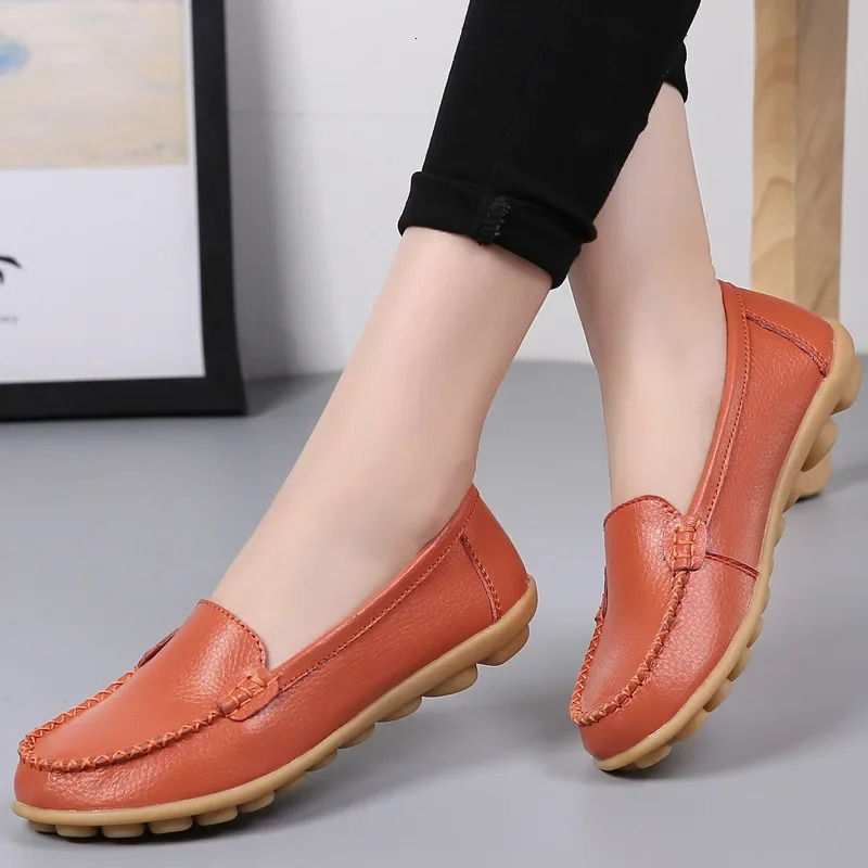 Real leather shoes soft boat flat large size 3544 womens cushion hard sole 241206
