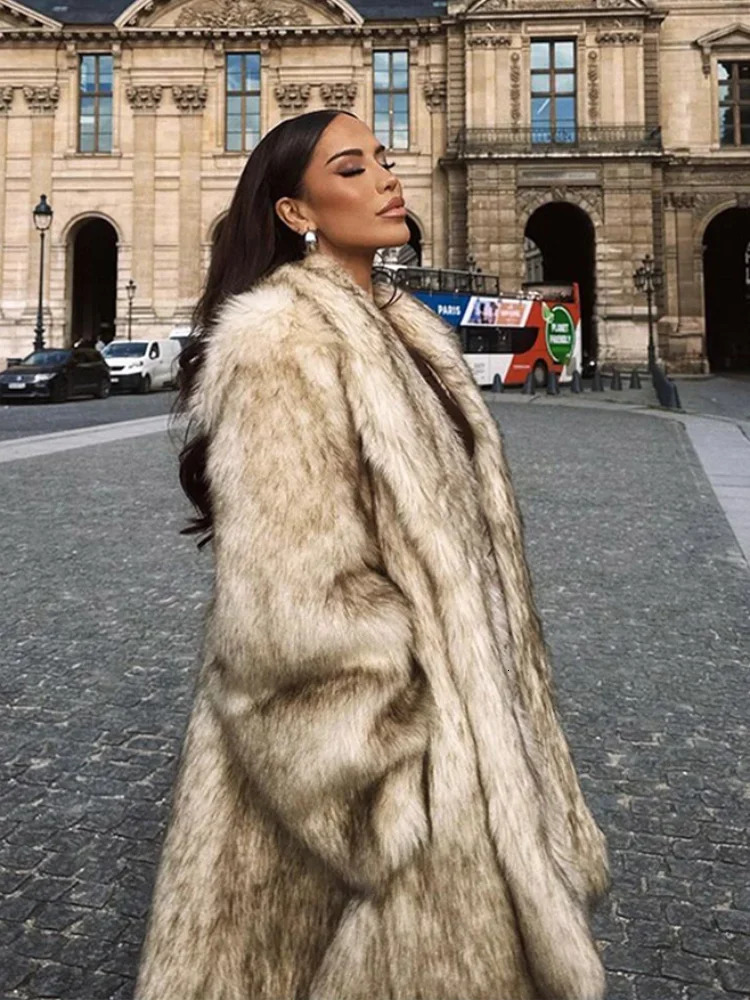 Winter Fluffy Lapel Womens Faux Fur Coats Elegant Long Sleeve Thick Warm Jackets 2024 Lady Street Outerwears 241202 - view 3
