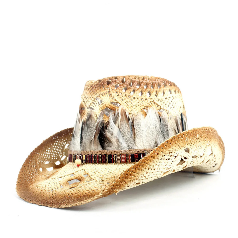 Womens Straw Hat Hollow Western Cowboy Hat Womens Handmade Bohemian Feather Straw Hat Hombre Beach Cowboy Girl Jazz Sun Hat Size 56-58CM 241206