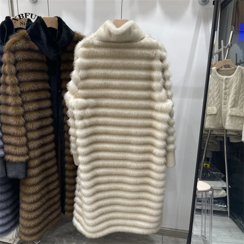 Womens thick brown faux fur womens coat long coat fashionable and warm long trench coat winter fluffy plush coat 241202