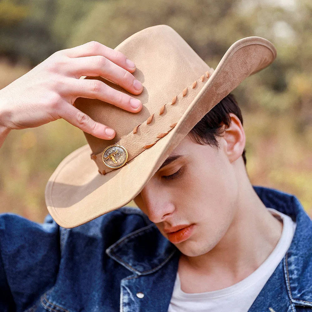 100% Leather Mens Western Cowboy Hat Mens Dad Sombrero Hombre Hat Size 58-59CM Direct 241206