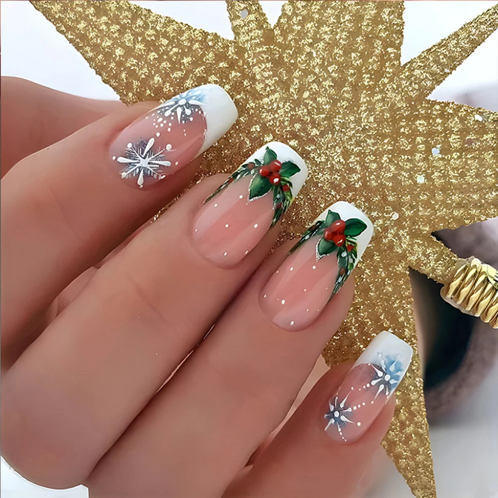 Christmas Press on Nails Green Red Christmas False Nails Reusable Acrylic Fake Nails 24pcs False Nail Set Almond Nail Charm 241206