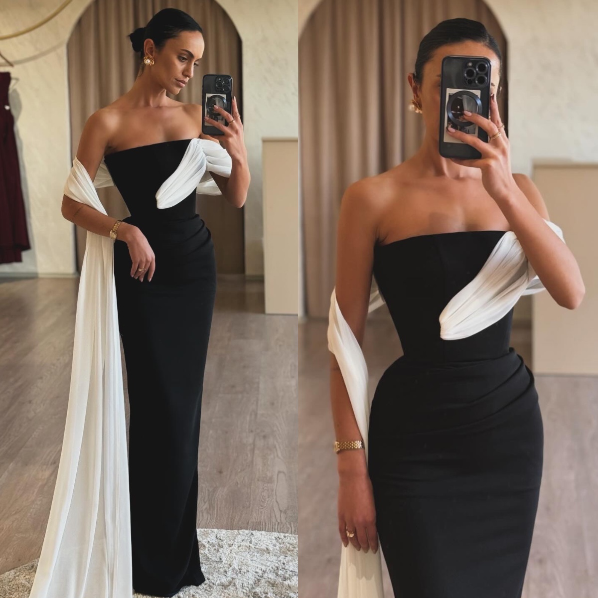 Elegant black white mermaid Evening Dresses with shawl strapless gala women backless or length dresses for special ocns