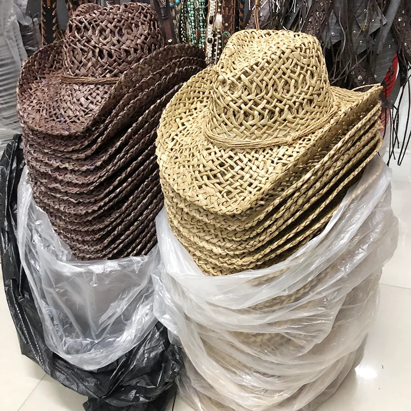 Corn husk material straw hat Western cowboy hat Spring/Summer Panama sun hat Retro elegant denim jazz hat Sombrero Hombrero 241206