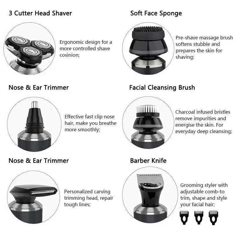 6 IN 1 Men Grooming Kit Wet Dry Electric Shaver Beard Nose Hair Trimmer Electric Razor Rechargeable Bald Head Shaving MachineXJ241207