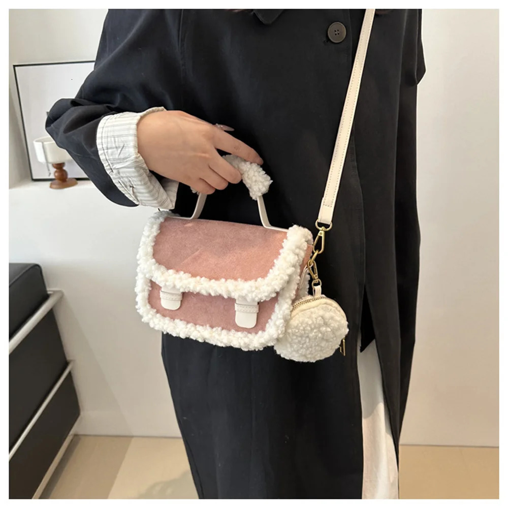 Fashion shoulder bag large capacity cross shaped bag suitable for womens handbags small square bag Sherpa bag round plush wallet 241205