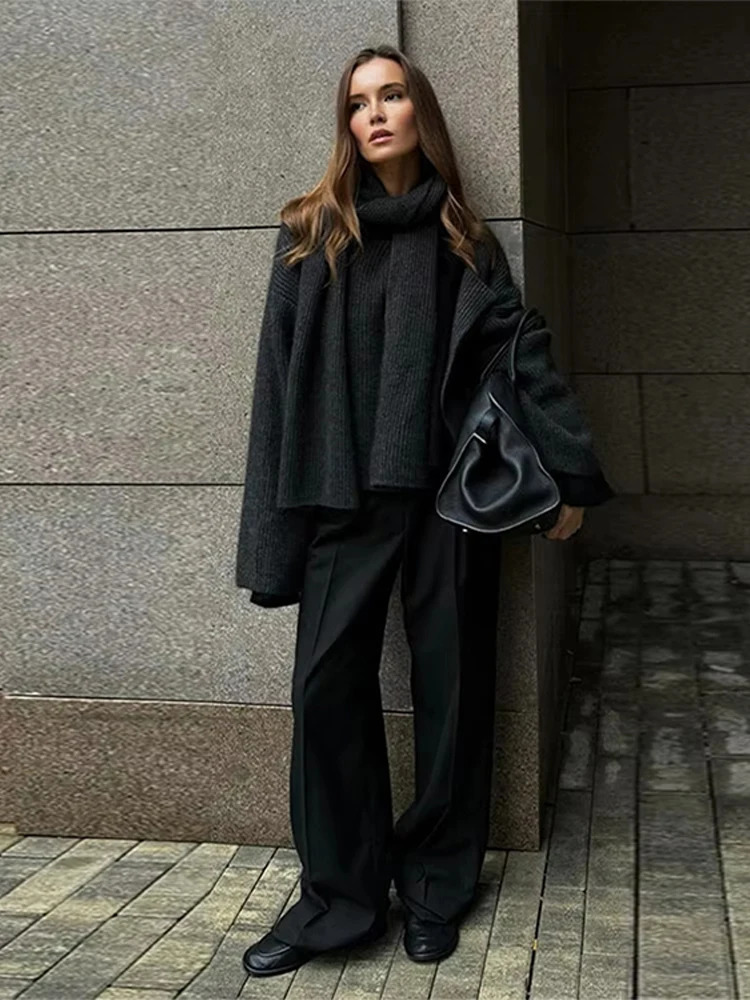 Elegant loose sweater with scarf womens solid full sleeves single chest O-neck womens pull-out fashionable loose womens knitted sweater 241205