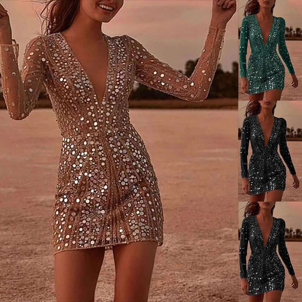 2025 European and American sexy deep V perspective sequin wrapped hip long sleeved evening dress women's spring item 2024 new casual versatile fa