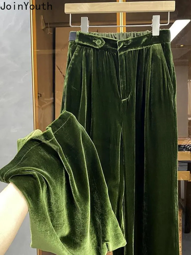 Korean wide leg pants for women high waisted slim fit straight velvet Trouser fashion casual retro Pantalon women bottom 241202