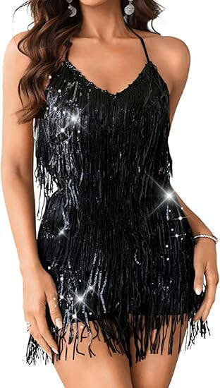 European and American solid color sequin suspender tail party short skirt tassel dress 2024 temperament versatile new trend clothing ins