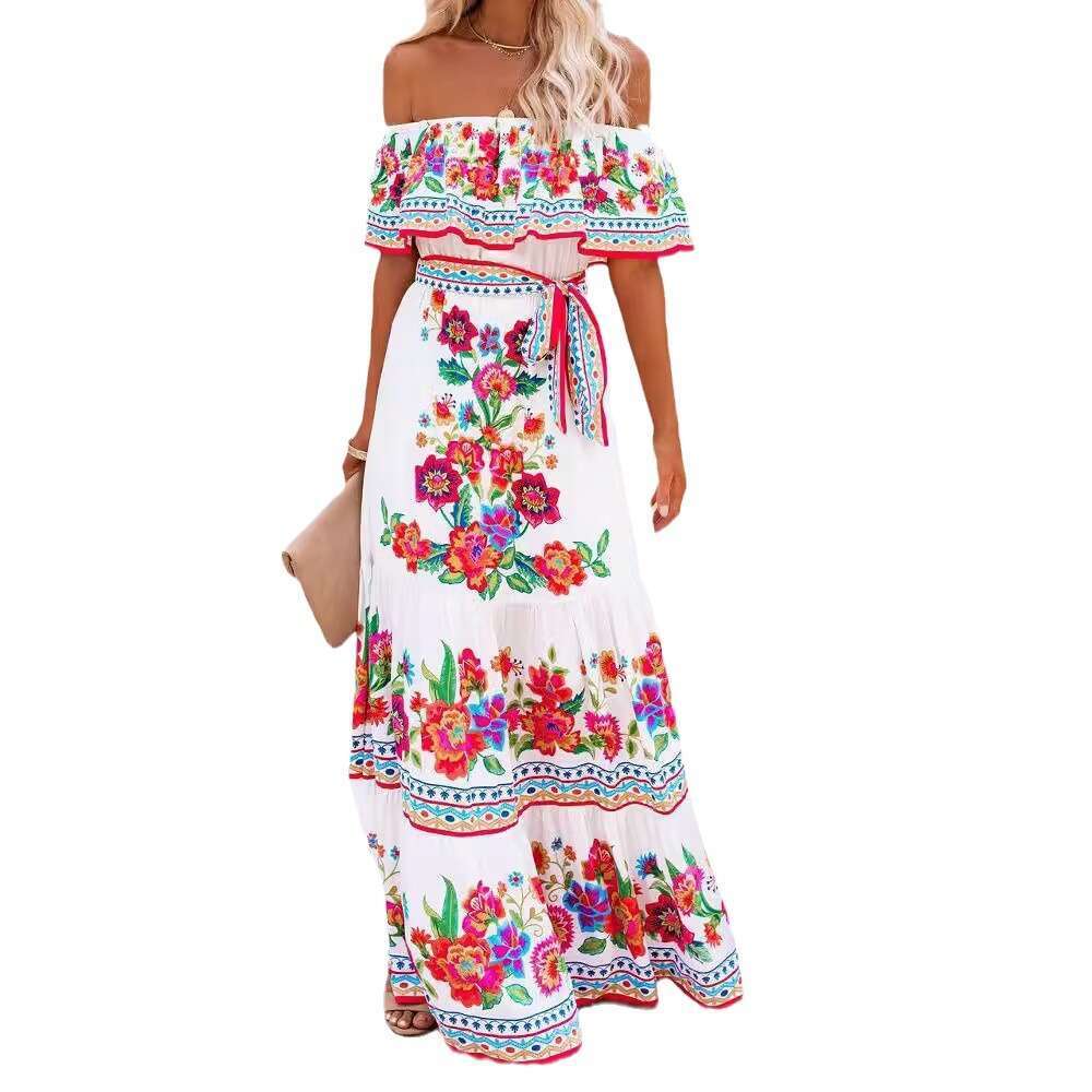 European American Spring and Summer One Shoulder Red wer Printed Long Swing Dress 2024 New Casual Fashion Trendy Clothing