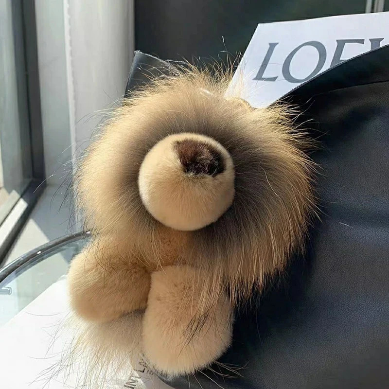 real Rex rabbit fur lion pendant keychain cute plush doll toy for women childrens pavilion bag car keychain decoration birthday gift 241206