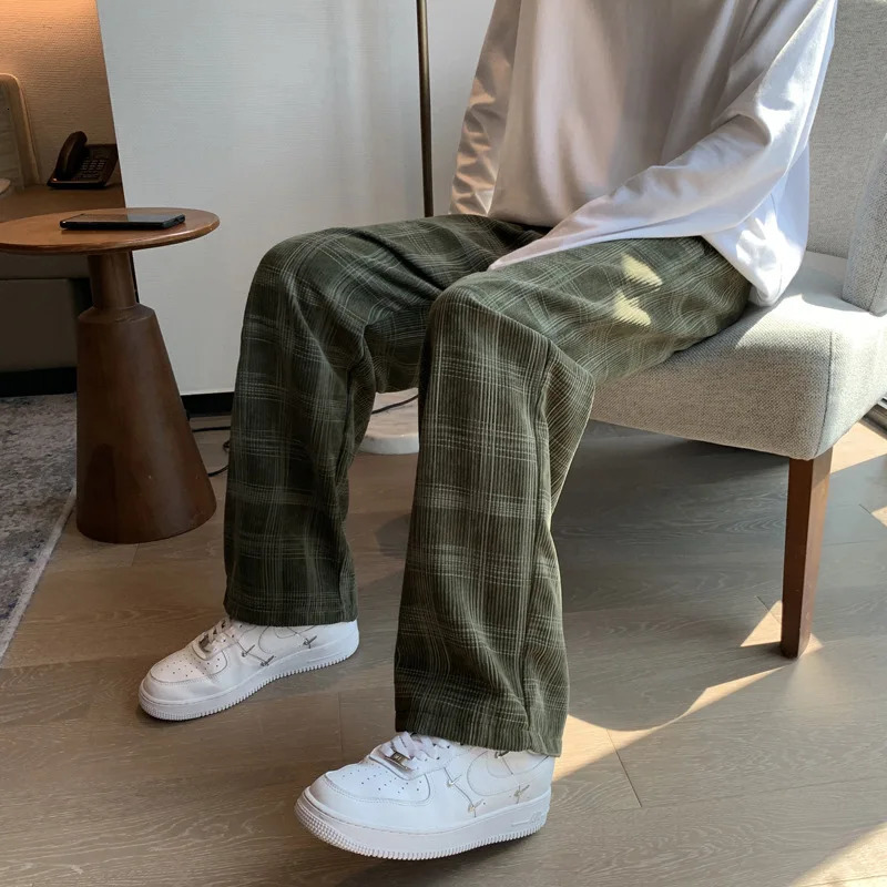 Mens checkered casual pants loose straight Corduroy sports mens fashionable streetwear 2023 spring hiphop Trouser 241206
