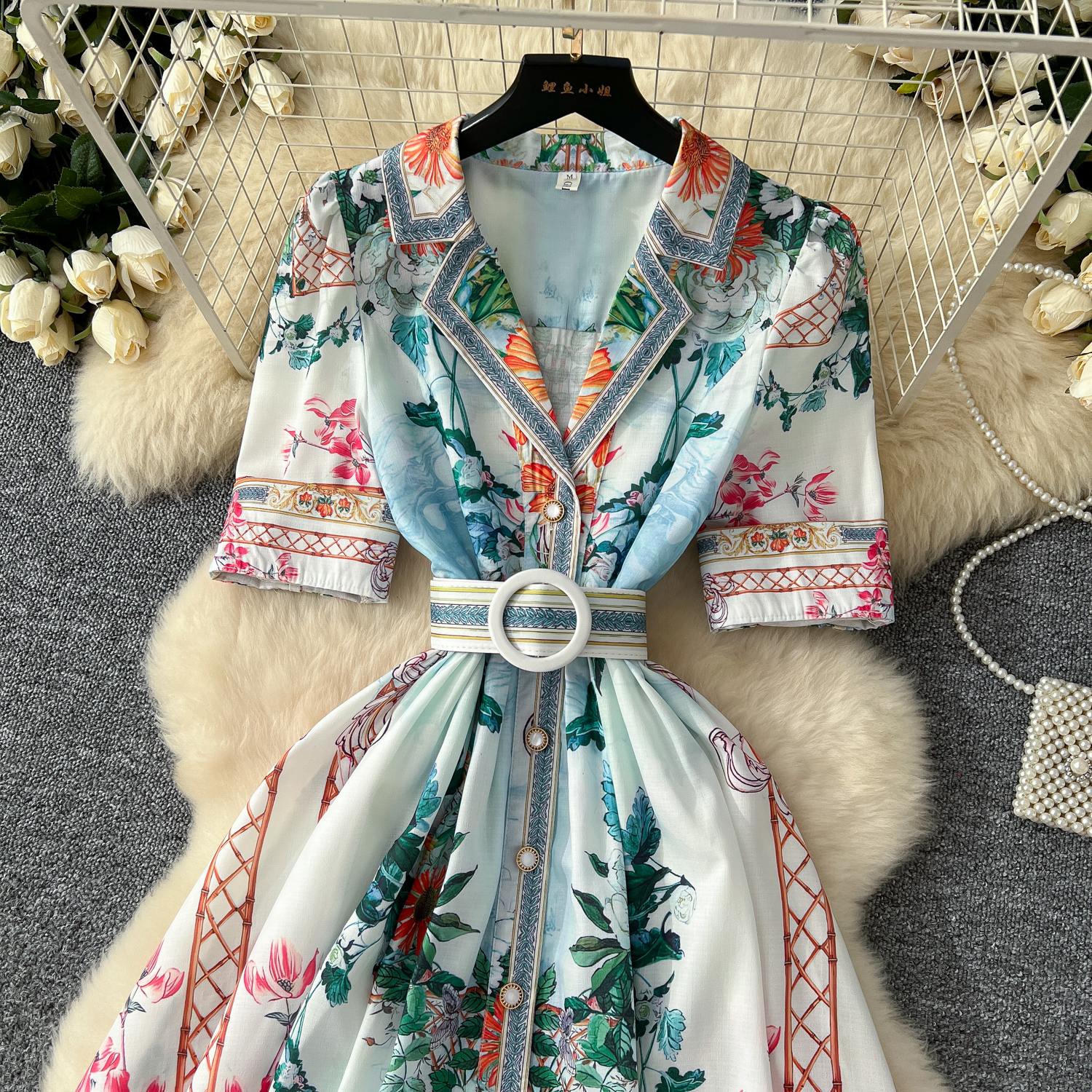 Runway Women Dresses Summer Holiday Flower Linen Robe Dress Women Short Sleeve Notched Belt A-line Beach Party Vestido Pearls Buttons Up Maxi Clothes