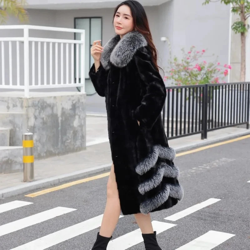 Mink coat womens premium 100% real mink coat womens winter coat real fox collar womens jacket loose fur coat 241202