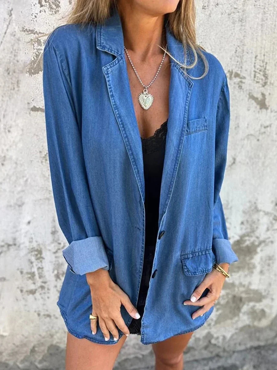 Womens oversized denim jacket retro long sleeved button down boyfriends autumn 241206